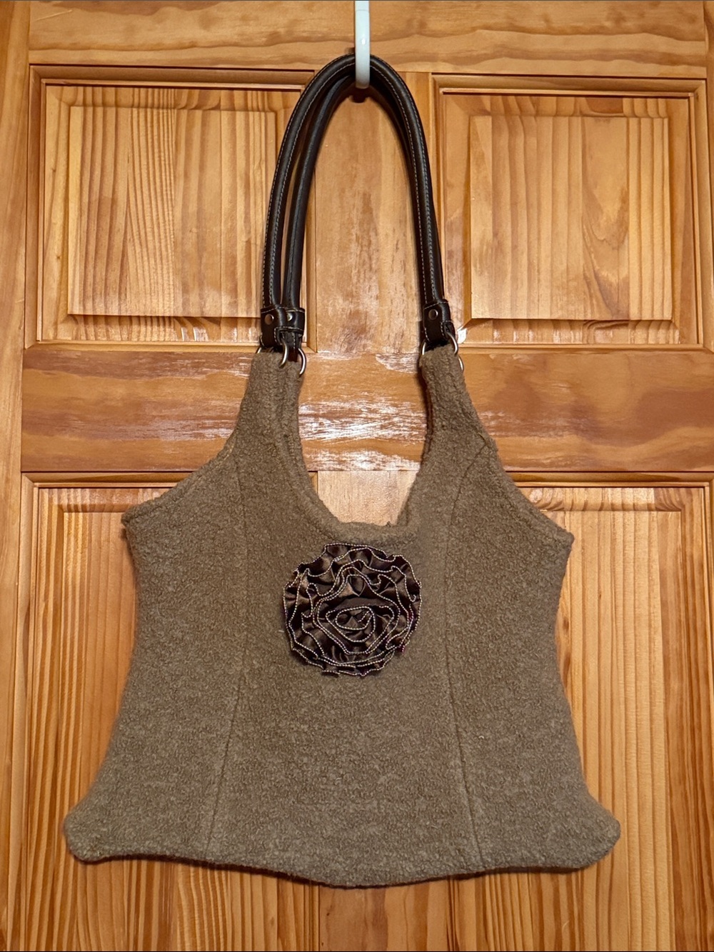Lands End Brown 100% Wool Tote Bag with Floral Accent